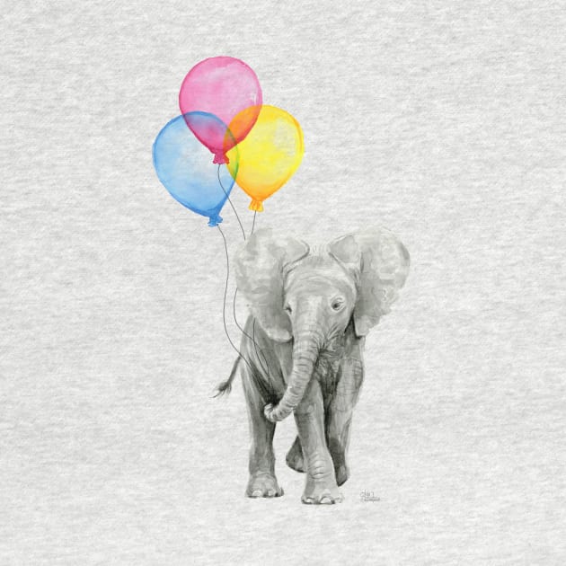 Baby Elephant Watercolor with Balloons by Olechka